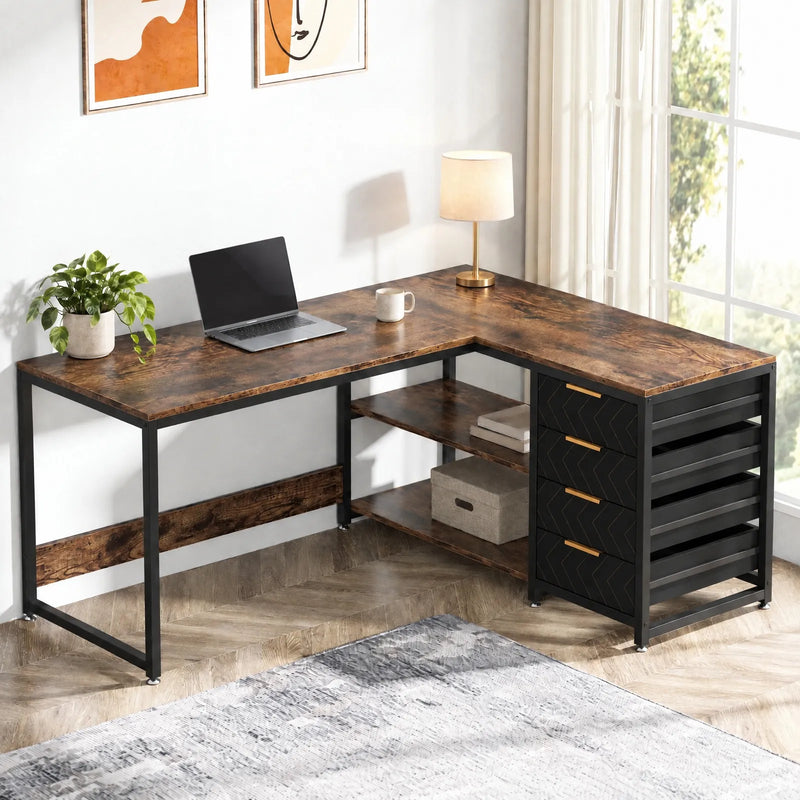 Bureau d'angle en L réversible 150 x 110 cm avec 4 tiroirs et 2 étagères ouvertes