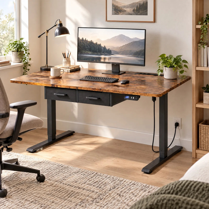 Bureau électrique réglable en hauteur avec 2 tiroirs et multiprise