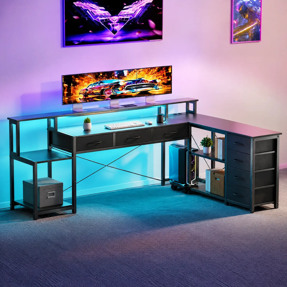 Bureau d'angle en L réversible avec 7 tiroirs, LED, prises et ports USB