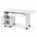 Bureau blanc à roulettes avec plateau pliable, tiroir et placard 130 x 58 cm