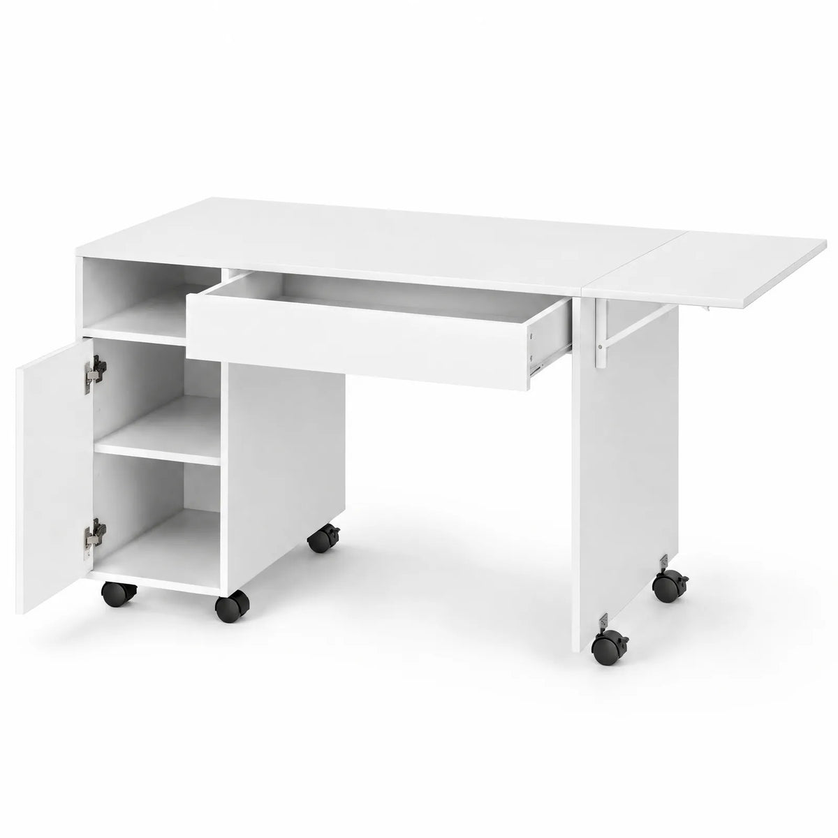 Bureau blanc à roulettes avec plateau pliable, tiroir et placard 130 x 58 cm