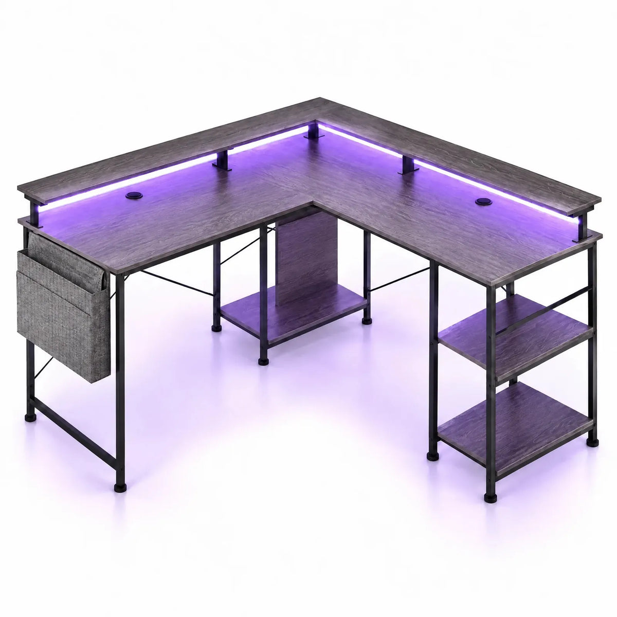 Bureau d'angle en L gris avec LED RGB, prises et ports USB