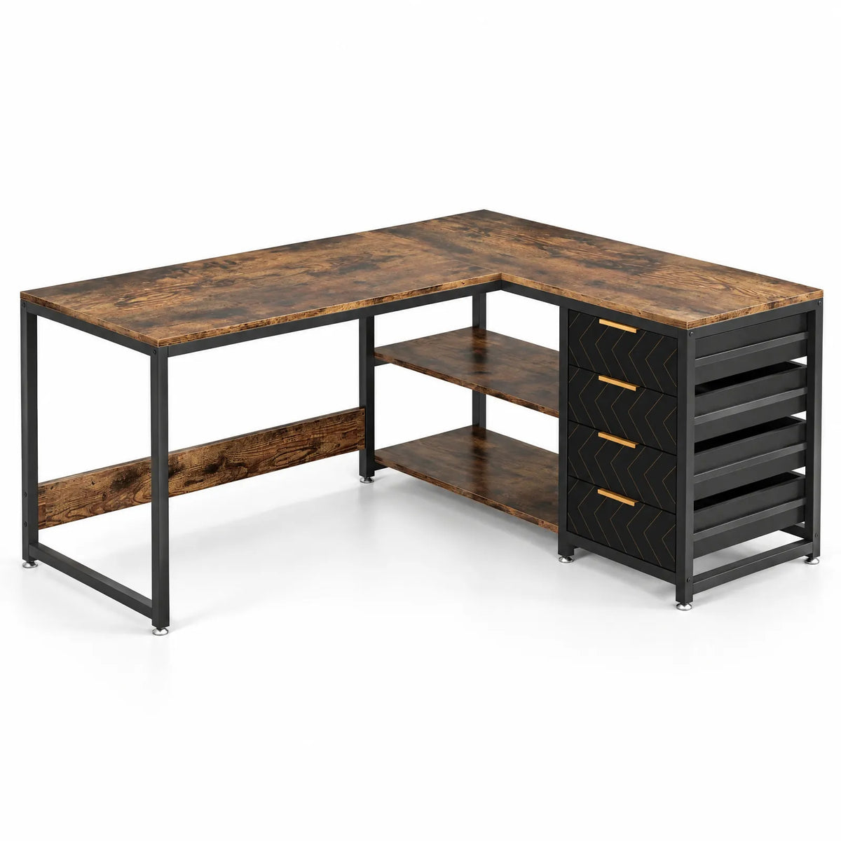 Bureau d'angle en L réversible 150 x 110 cm avec 4 tiroirs et 2 étagères ouvertes – Brun et noir
