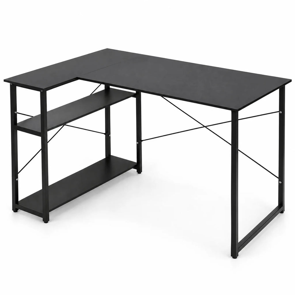 Bureau d'angle en L réversible avec 2 étagères, cadre acier noir – Noir