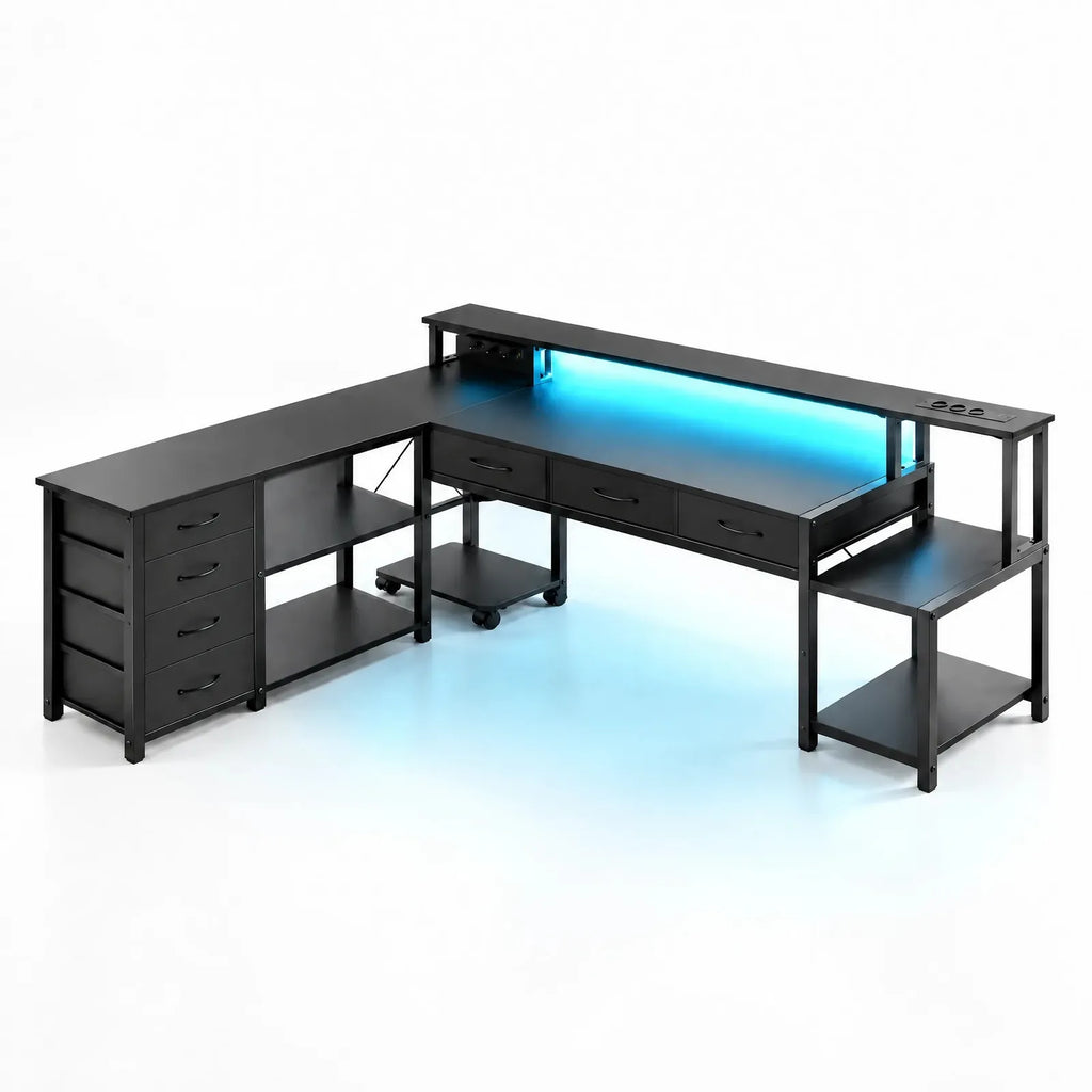 Bureau d'angle en L réversible avec LED, prises, ports USB et tiroirs – Noir