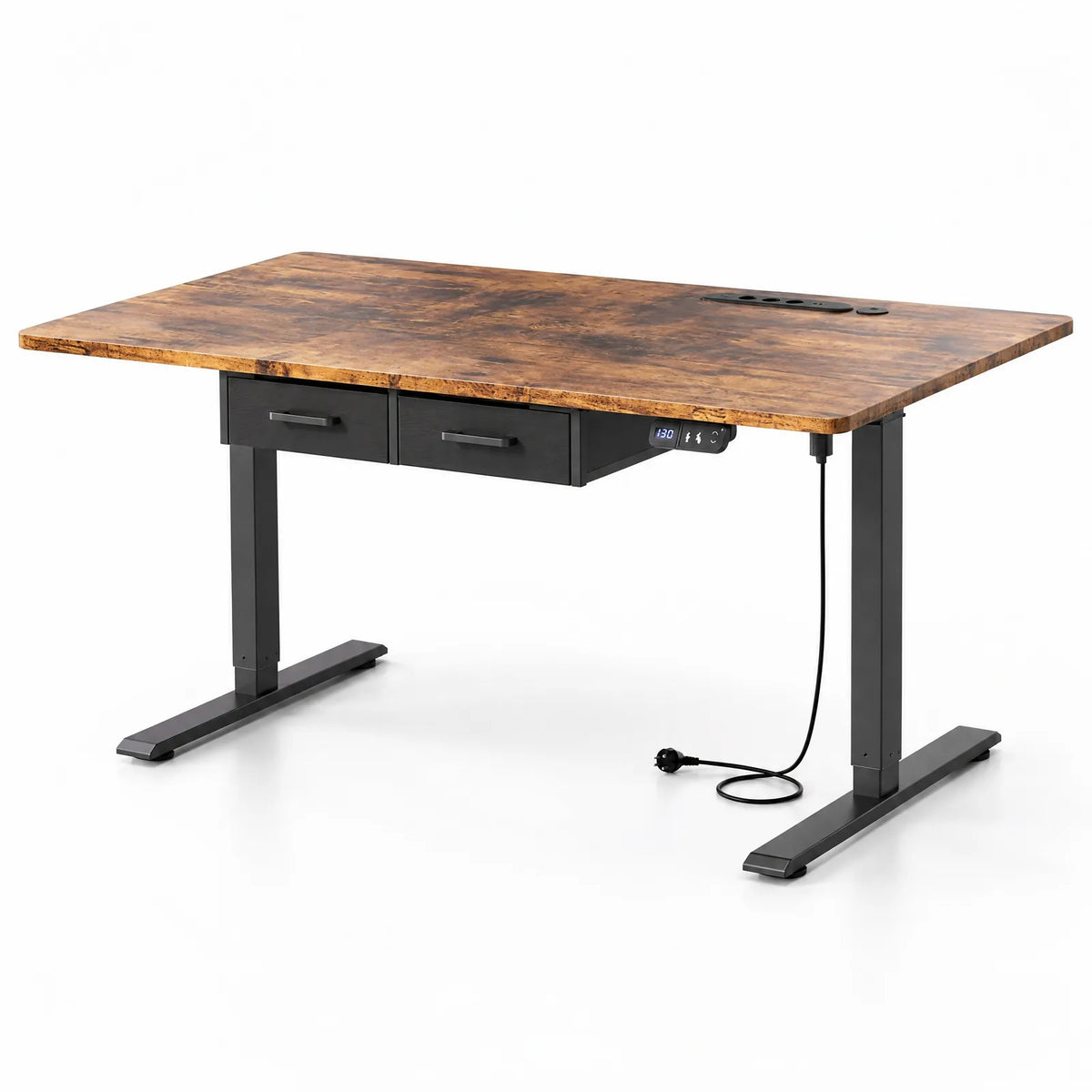 Bureau électrique réglable en hauteur avec 2 tiroirs et multiprise – Bois rustique