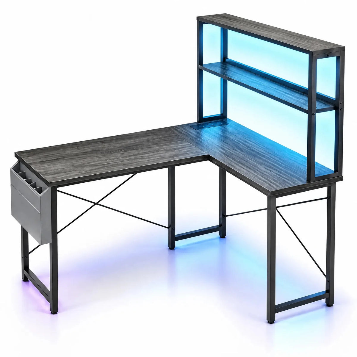 Bureau gaming d'angle en L avec rehausse 2 étagères, LED RGB et support PC mobile – Gris