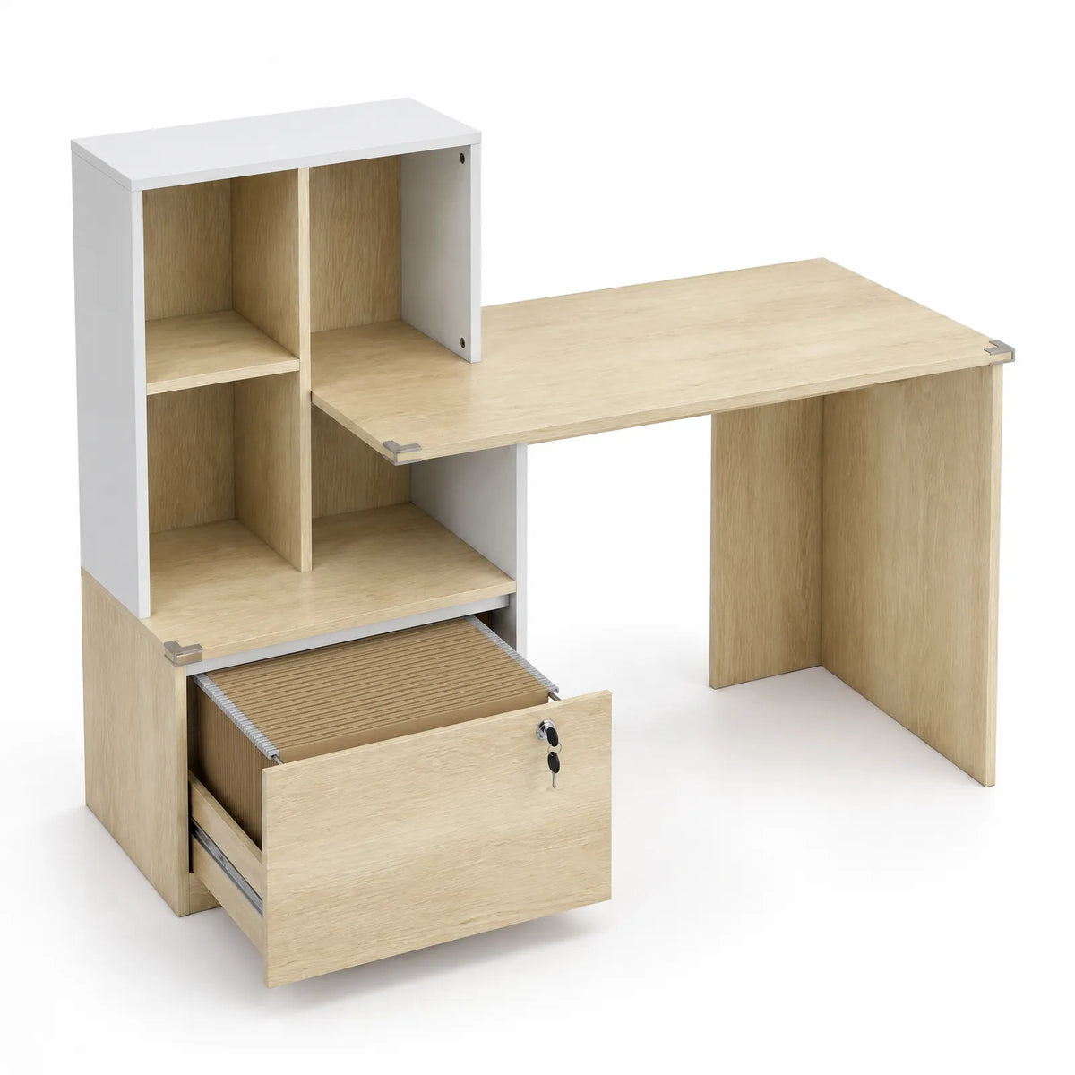 Bureau informatique avec bibliothèque 4 compartiments et tiroir verrouillable chêne et blanc