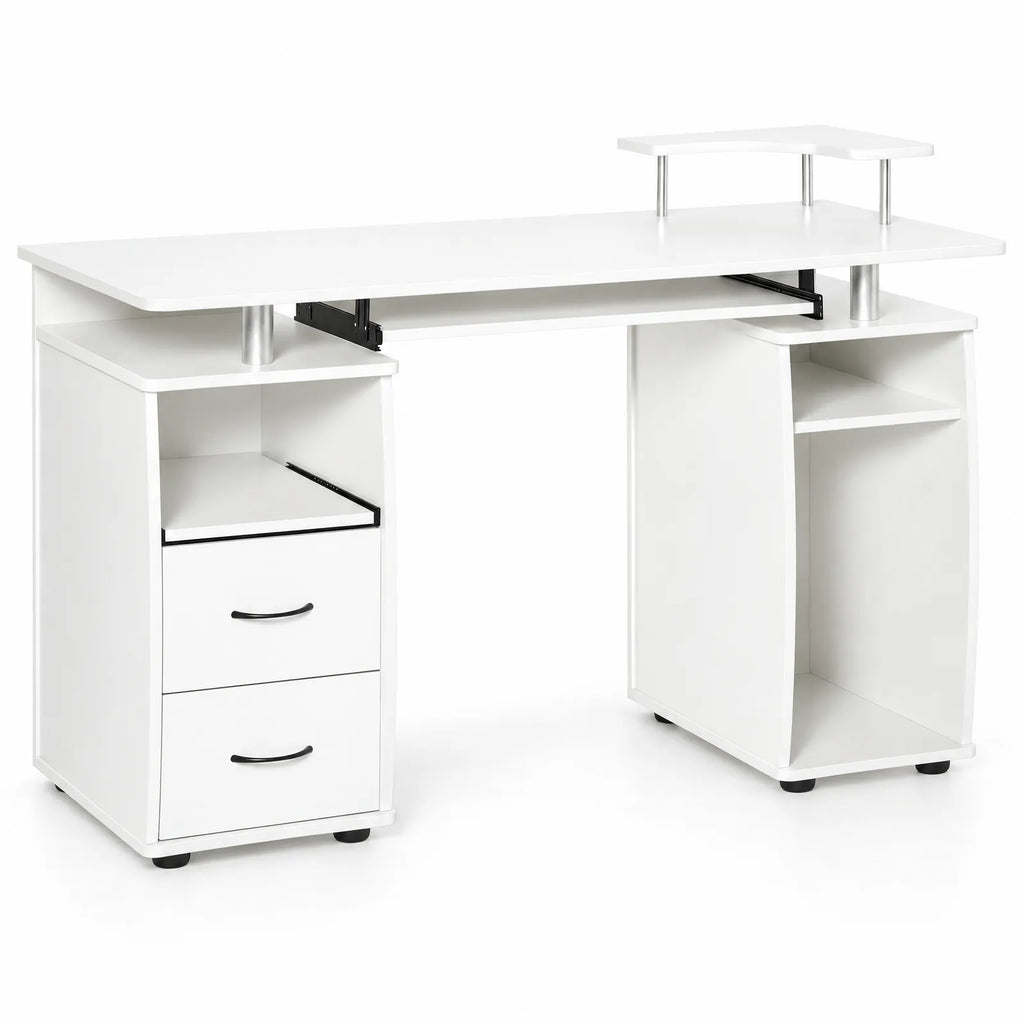 Bureau informatique blanc avec tablette clavier coulissante et 2 tiroirs 120 x 55 cm