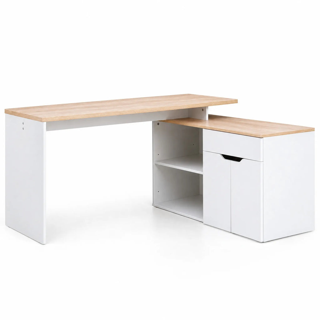 Bureau modulable blanc et chêne clair avec 2 niches, tiroir et placard