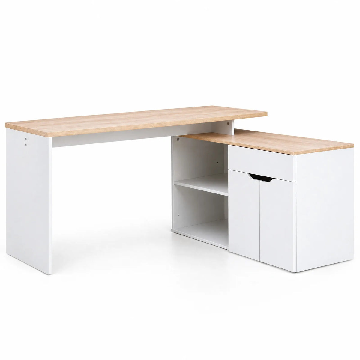 Bureau modulable blanc et chêne clair avec 2 niches, tiroir et placard