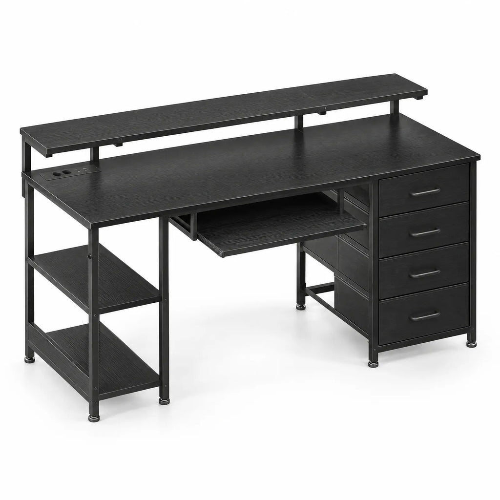 Bureau noir 140 cm avec 4 tiroirs en tissu, prises et ports USB