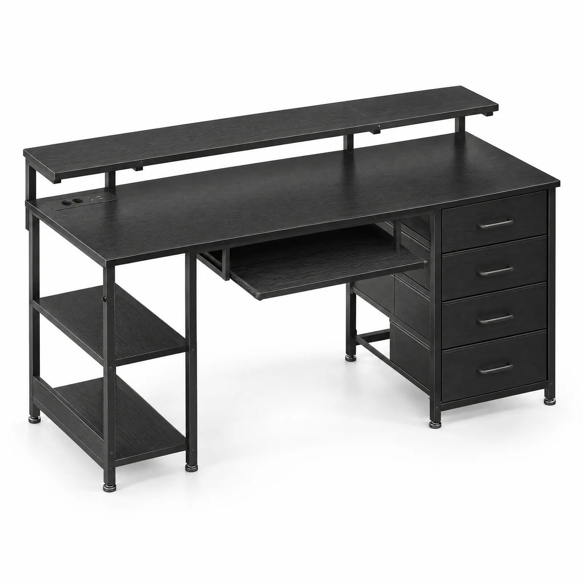 Bureau noir 140 cm avec 4 tiroirs en tissu, prises et ports USB