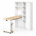 Bureau pliant 2 en 1 avec bibliothèque, prise et USB, blanc et chêne clair