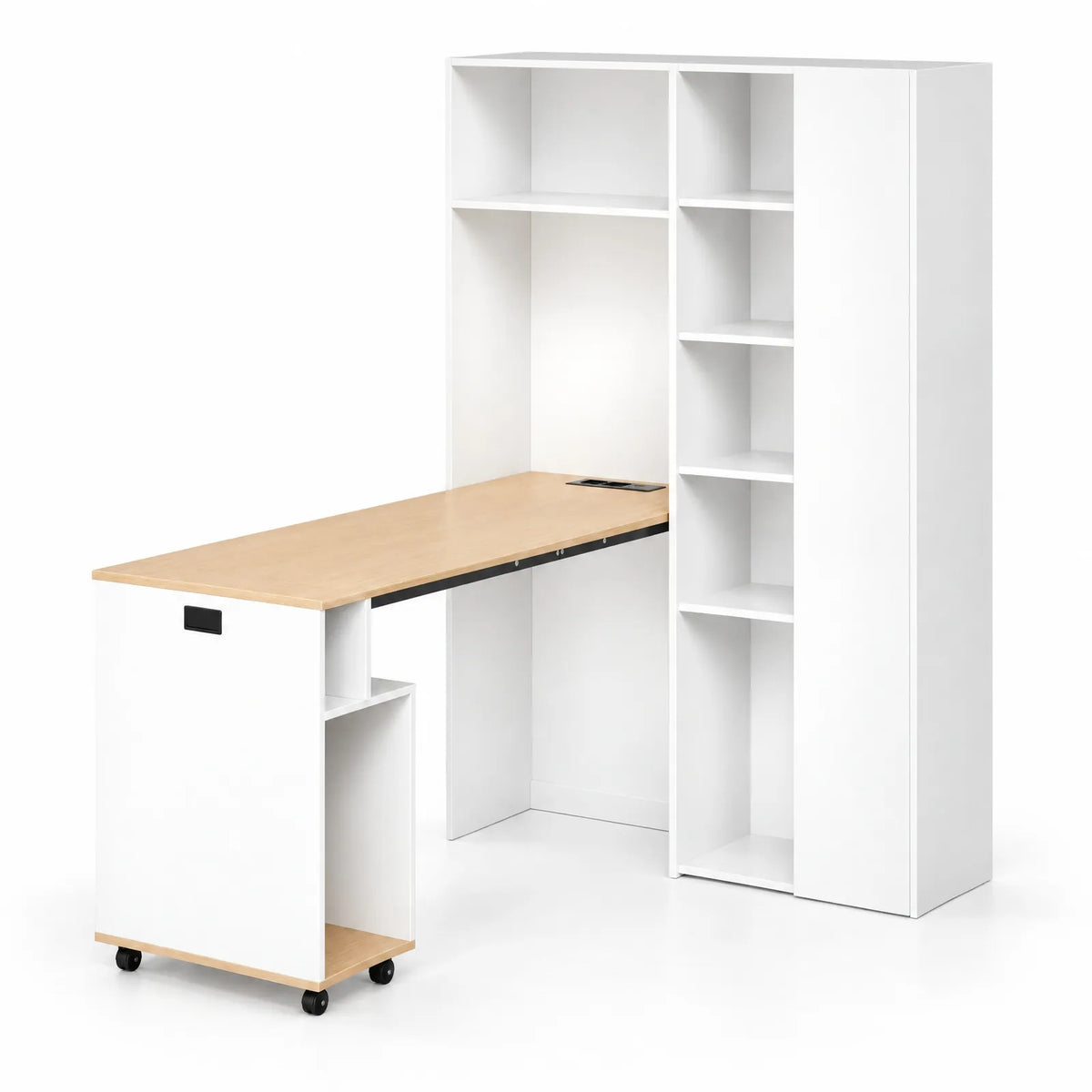 Bureau pliant 2 en 1 avec bibliothèque, prise et USB, blanc et chêne clair