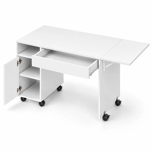 Bureau blanc à roulettes avec plateau pliable, tiroir et placard 130 x 58 cm