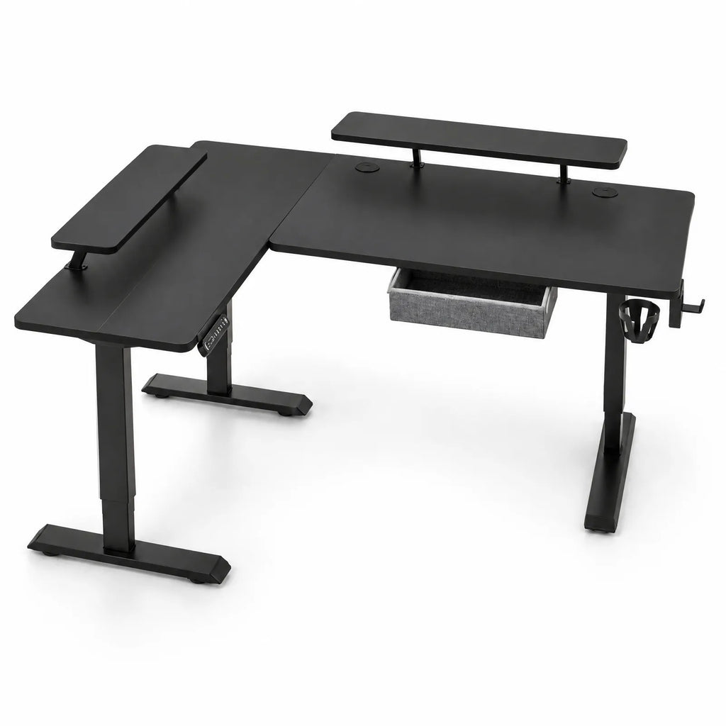 Bureau d'angle électrique réglable en hauteur en L avec tiroir et rehausses