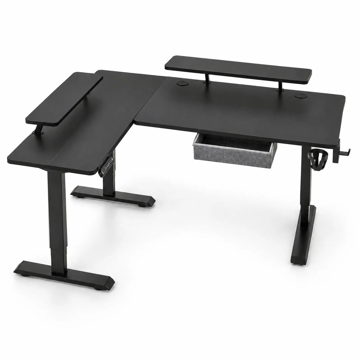 Bureau d'angle électrique réglable en hauteur en L avec tiroir et rehausses