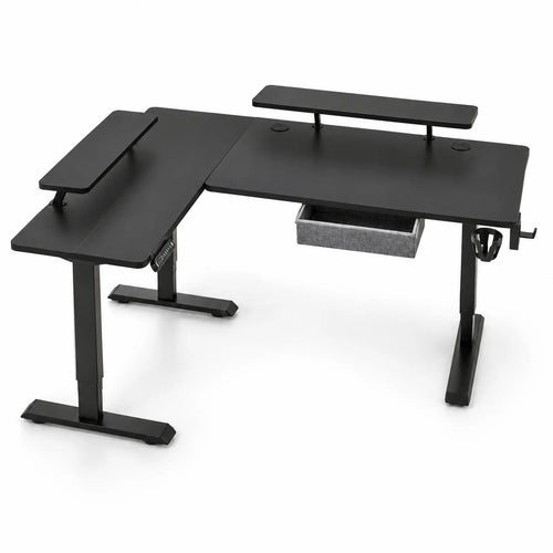 Bureau d'angle électrique réglable en hauteur en L avec tiroir et rehausses