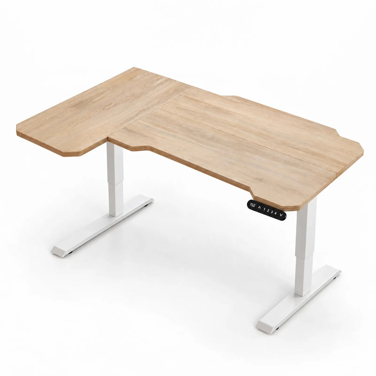 Bureau d'angle en L électrique 150 cm à 4 mémoires, plateau chêne clair