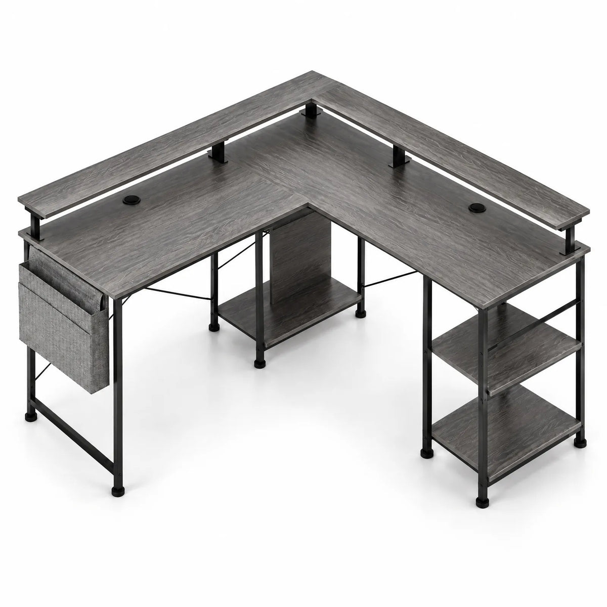 Bureau d'angle en L gris avec LED RGB, prises et ports USB