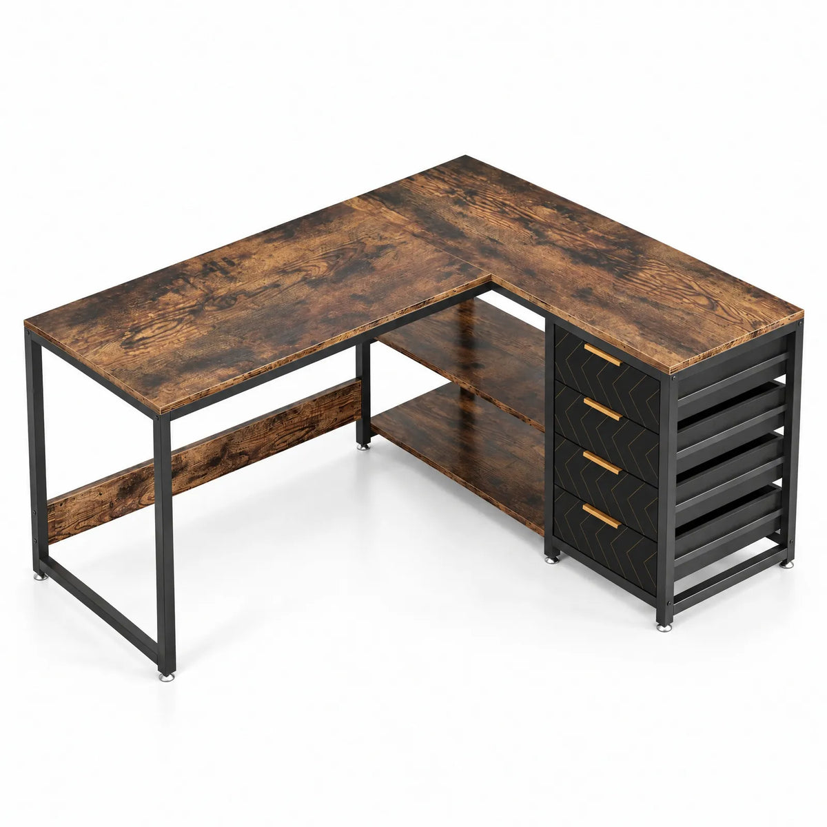 Bureau d'angle en L réversible 150 x 110 cm avec 4 tiroirs et 2 étagères ouvertes