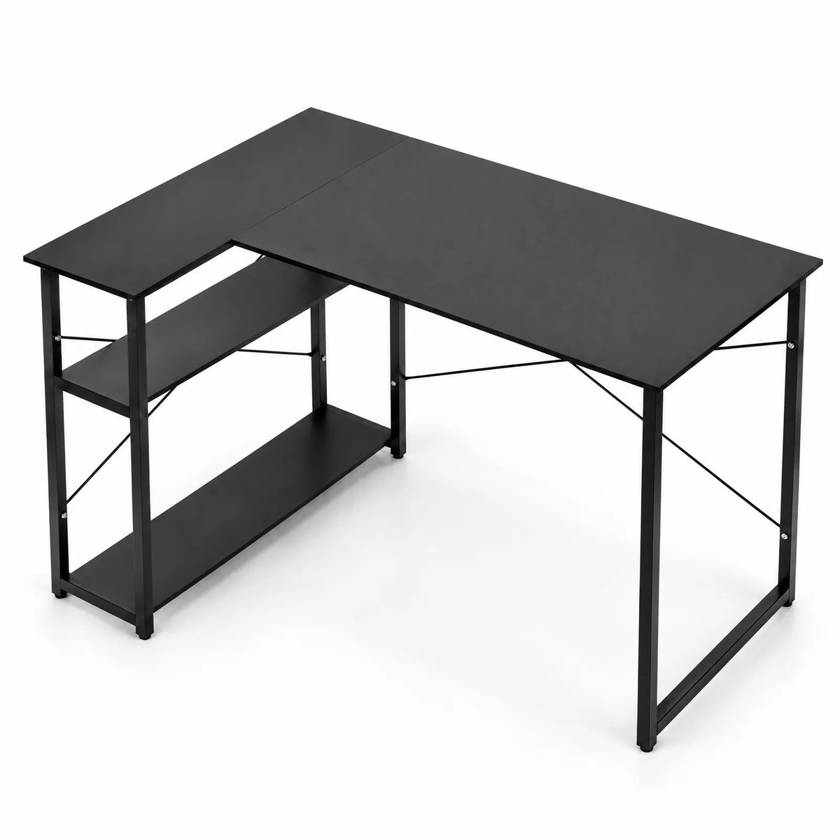 Bureau d'angle en L réversible avec 2 étagères, cadre acier noir