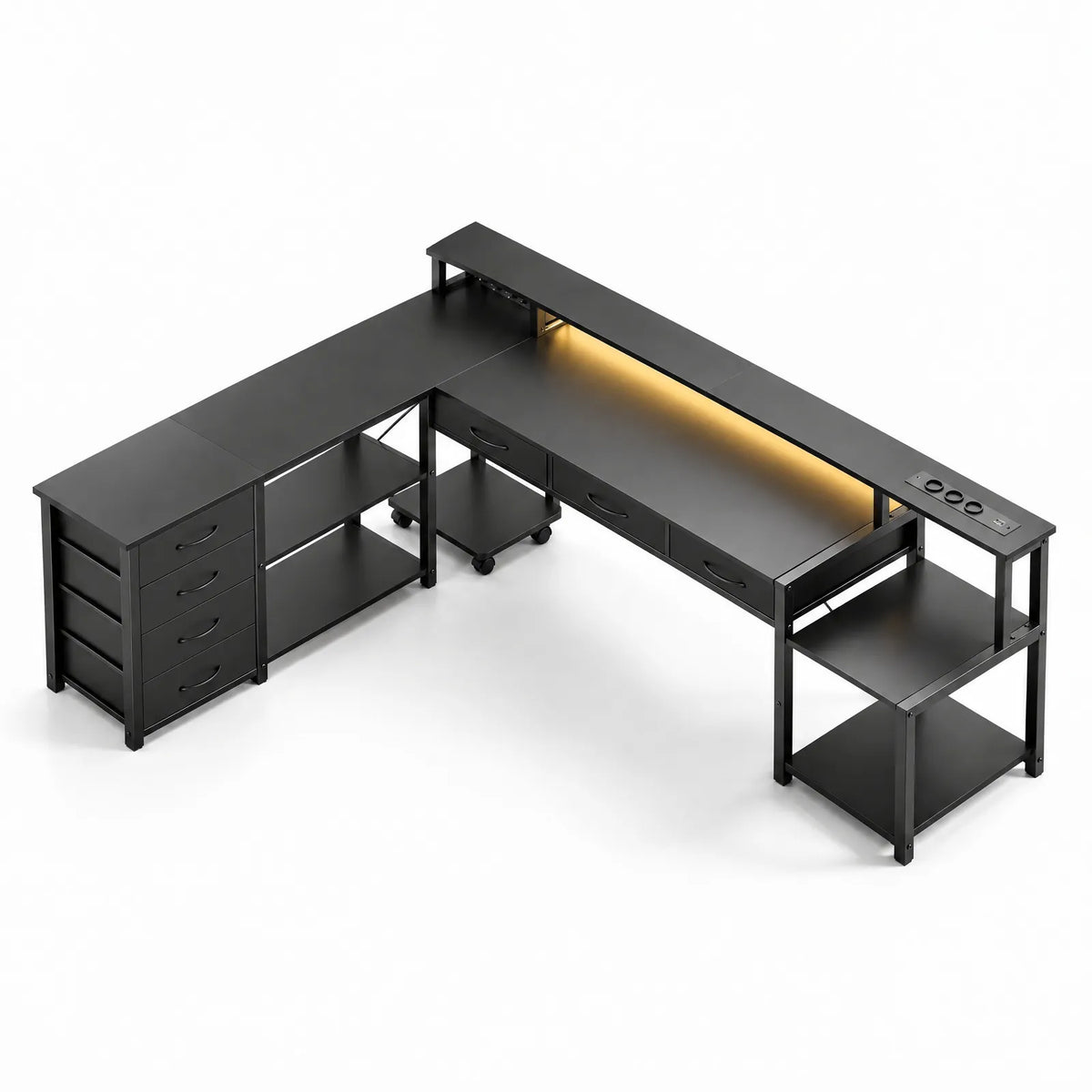 Bureau d'angle en L réversible avec 7 tiroirs, LED, prises et ports USB