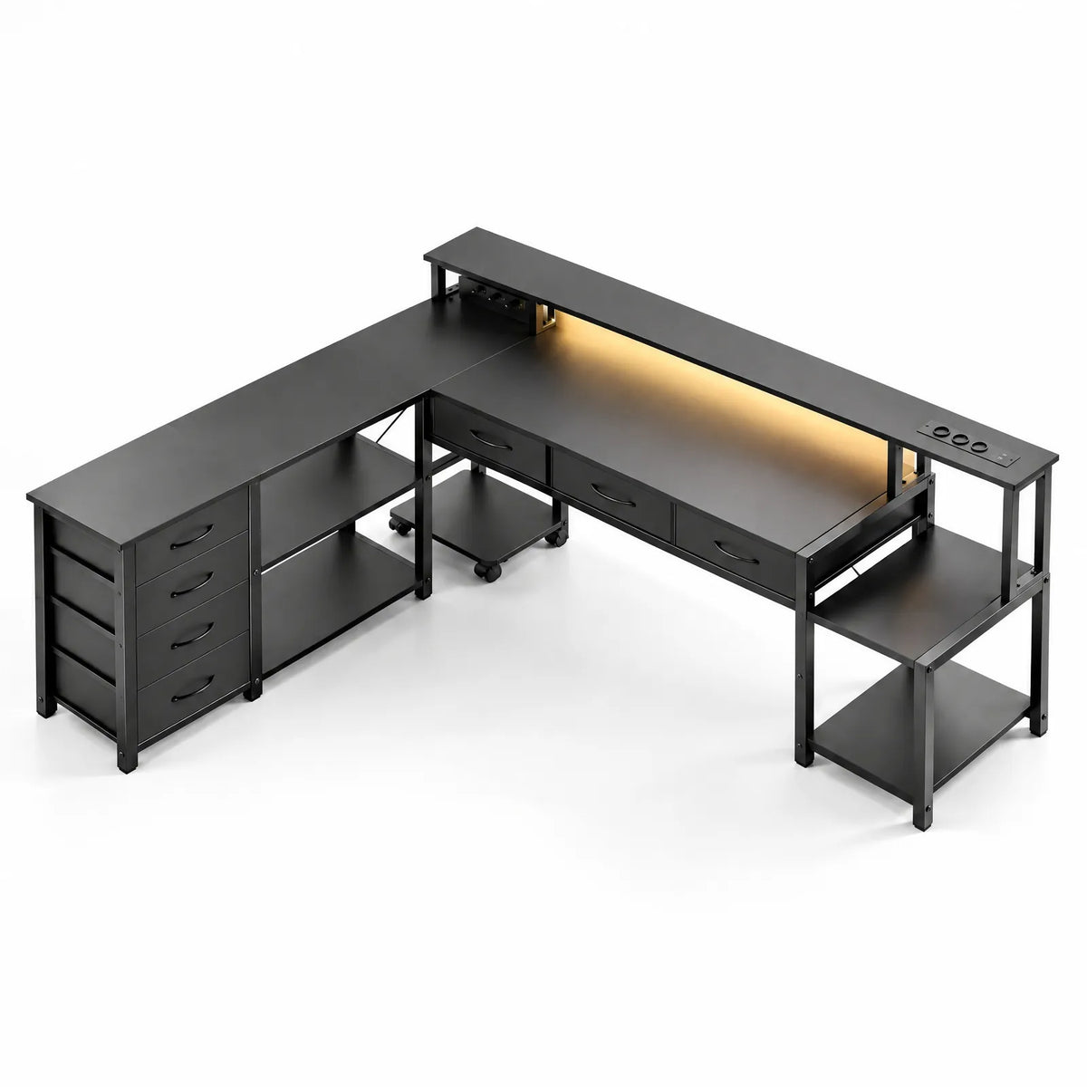 Bureau d'angle en L réversible avec LED, prises, ports USB et tiroirs