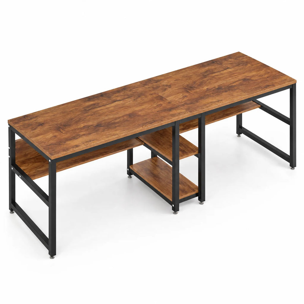 Bureau double 200 x 60 cm avec étagères, bois rustique et acier noir