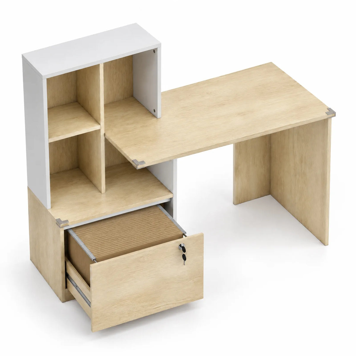 Bureau informatique avec bibliothèque 4 compartiments et tiroir verrouillable chêne et blanc