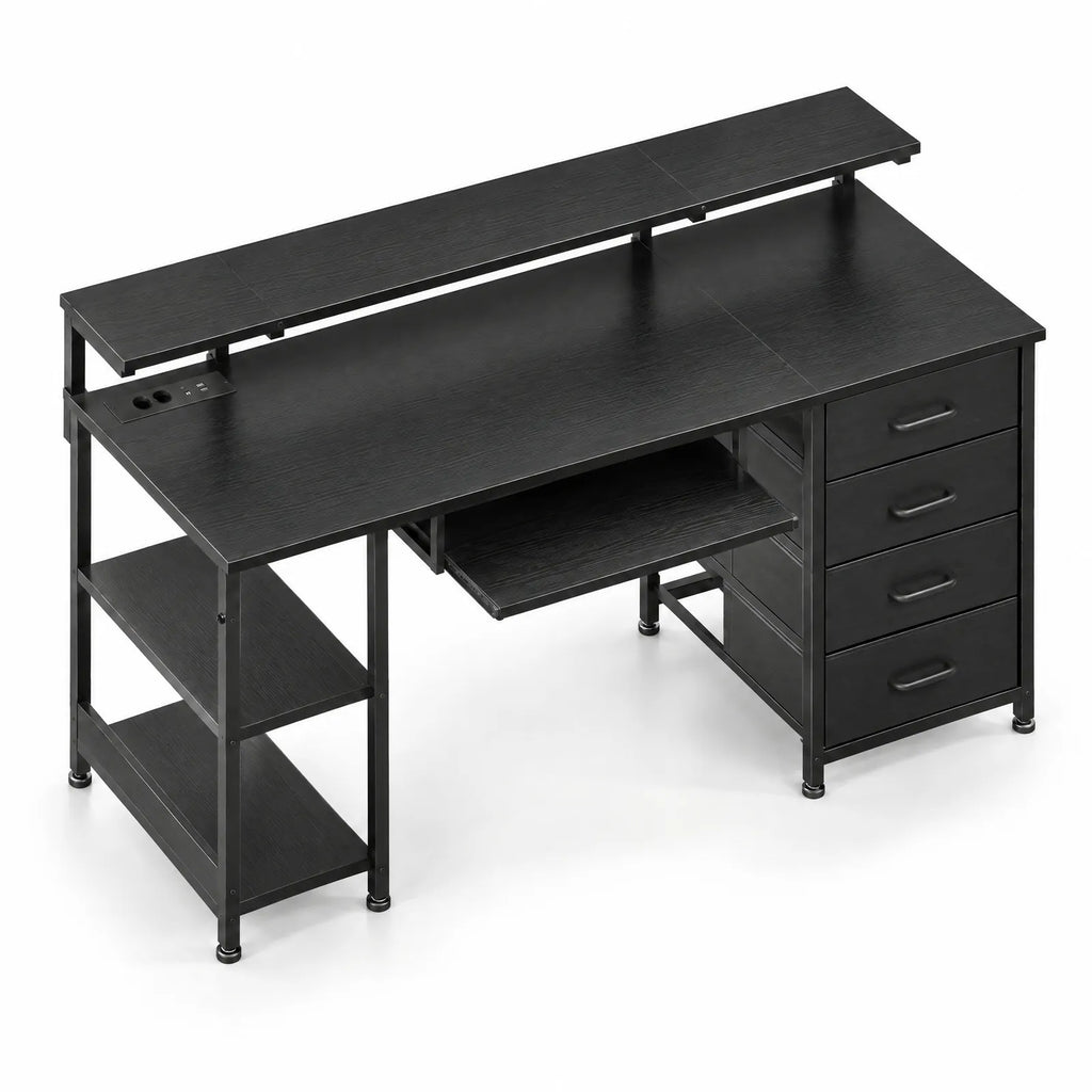 Bureau noir 140 cm avec 4 tiroirs en tissu, prises et ports USB