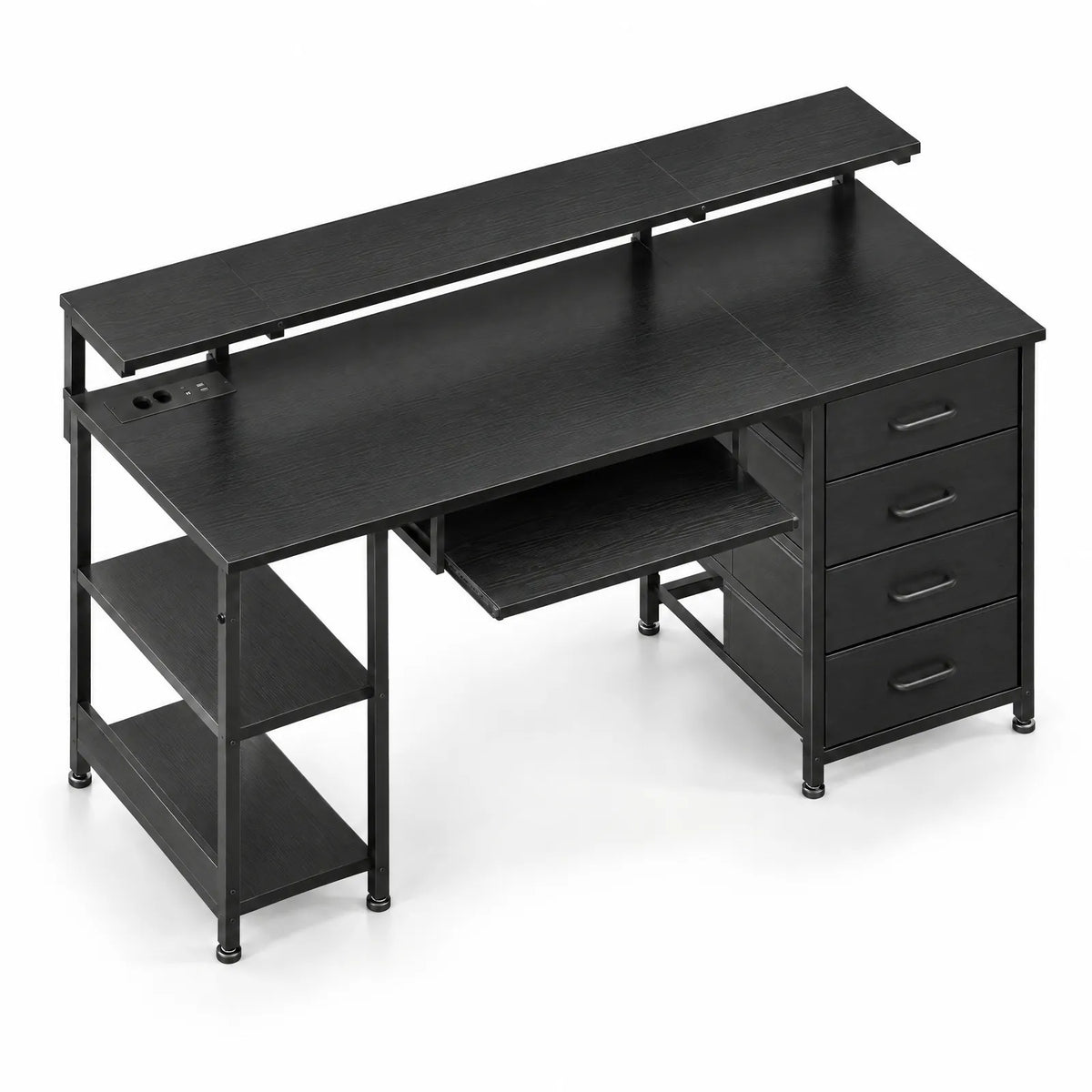 Bureau noir 140 cm avec 4 tiroirs en tissu, prises et ports USB