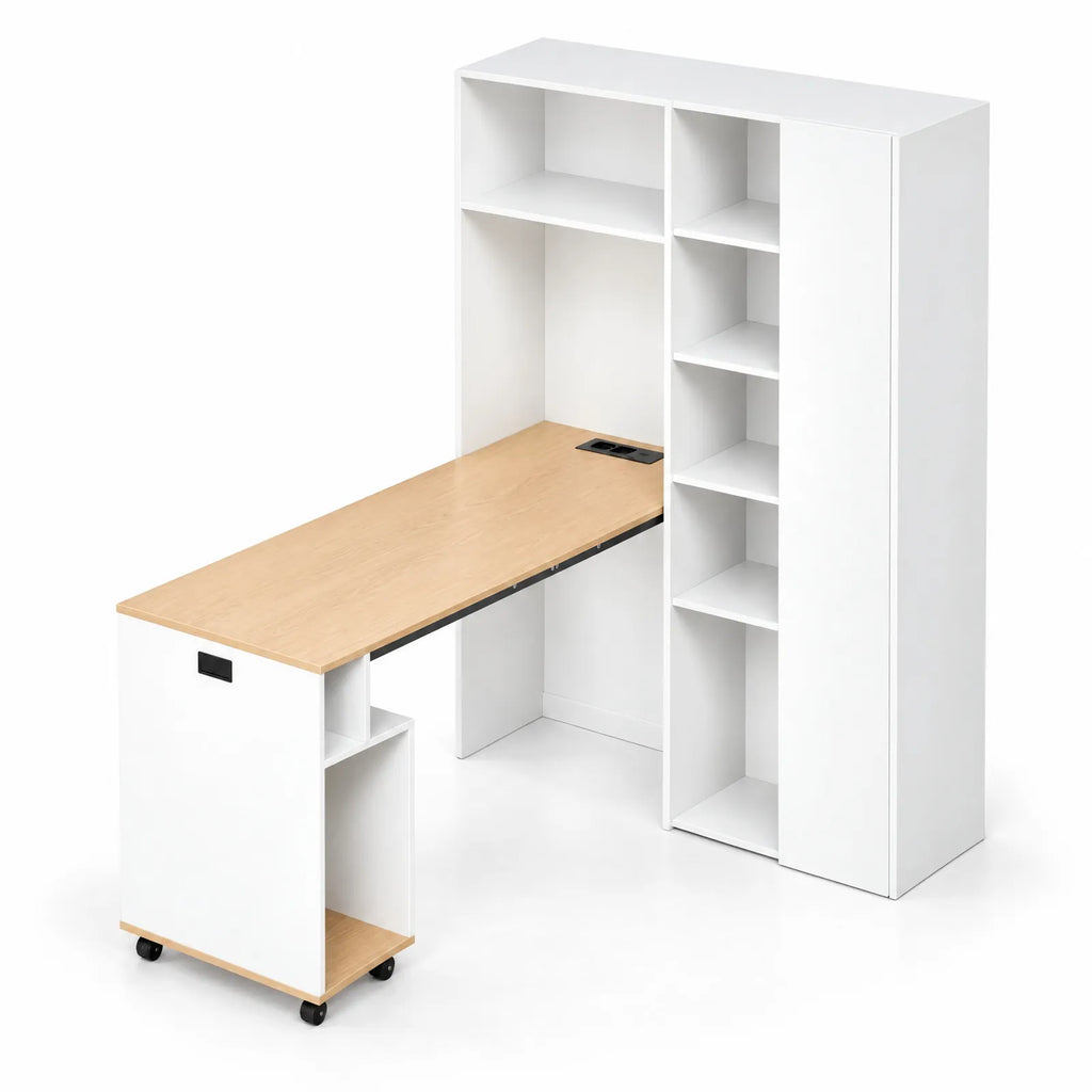 Bureau pliant 2 en 1 avec bibliothèque, prise et USB, blanc et chêne clair