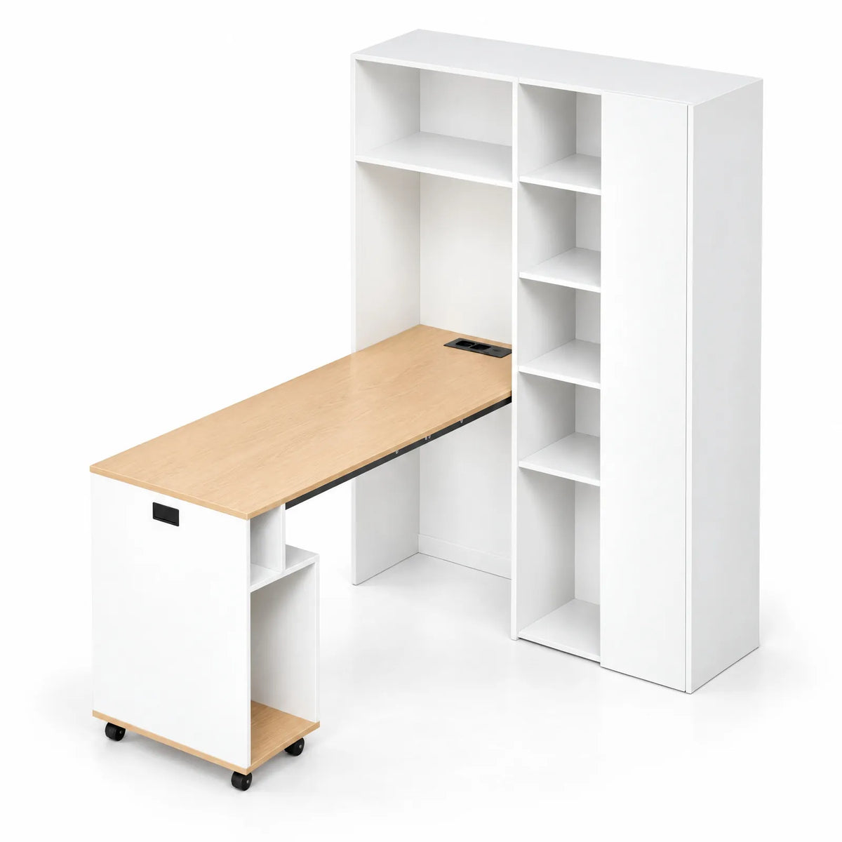 Bureau pliant 2 en 1 avec bibliothèque, prise et USB, blanc et chêne clair