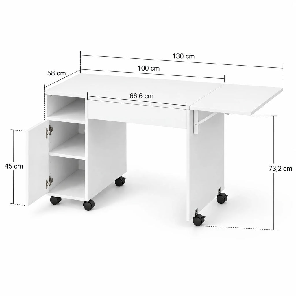 Bureau blanc à roulettes avec plateau pliable, tiroir et placard 130 x 58 cm