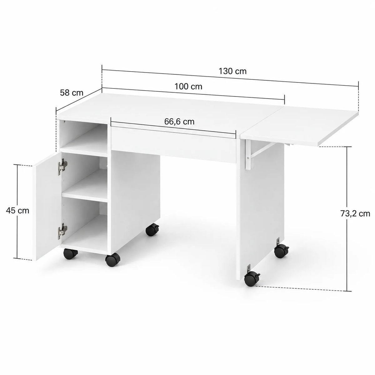 Bureau blanc à roulettes avec plateau pliable, tiroir et placard 130 x 58 cm