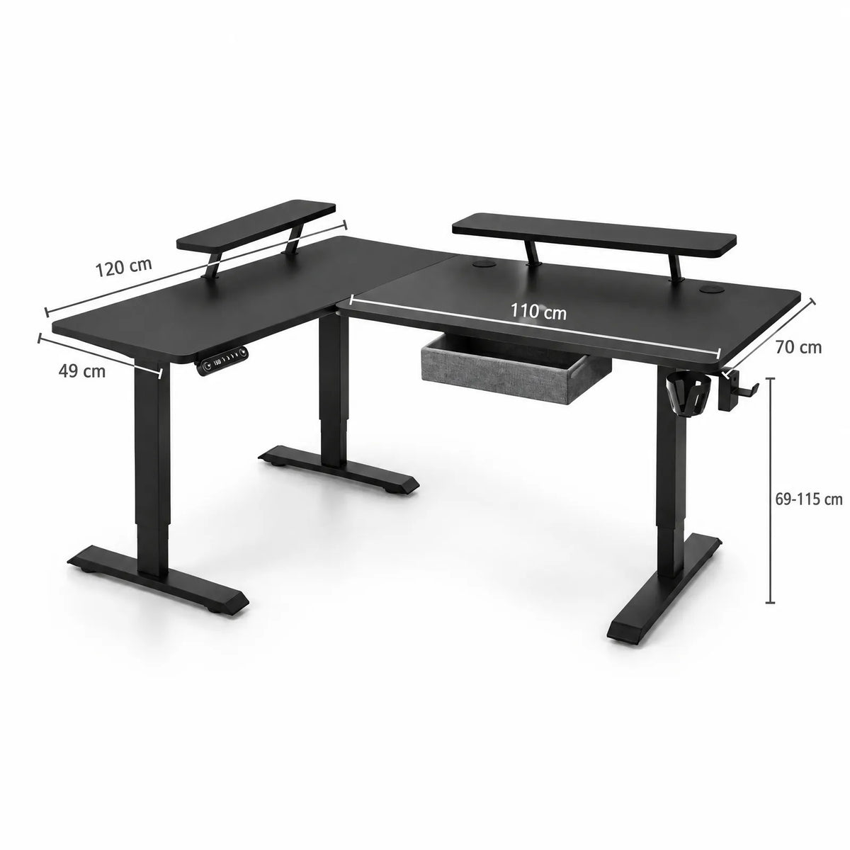 Bureau d'angle électrique réglable en hauteur en L avec tiroir et rehausses