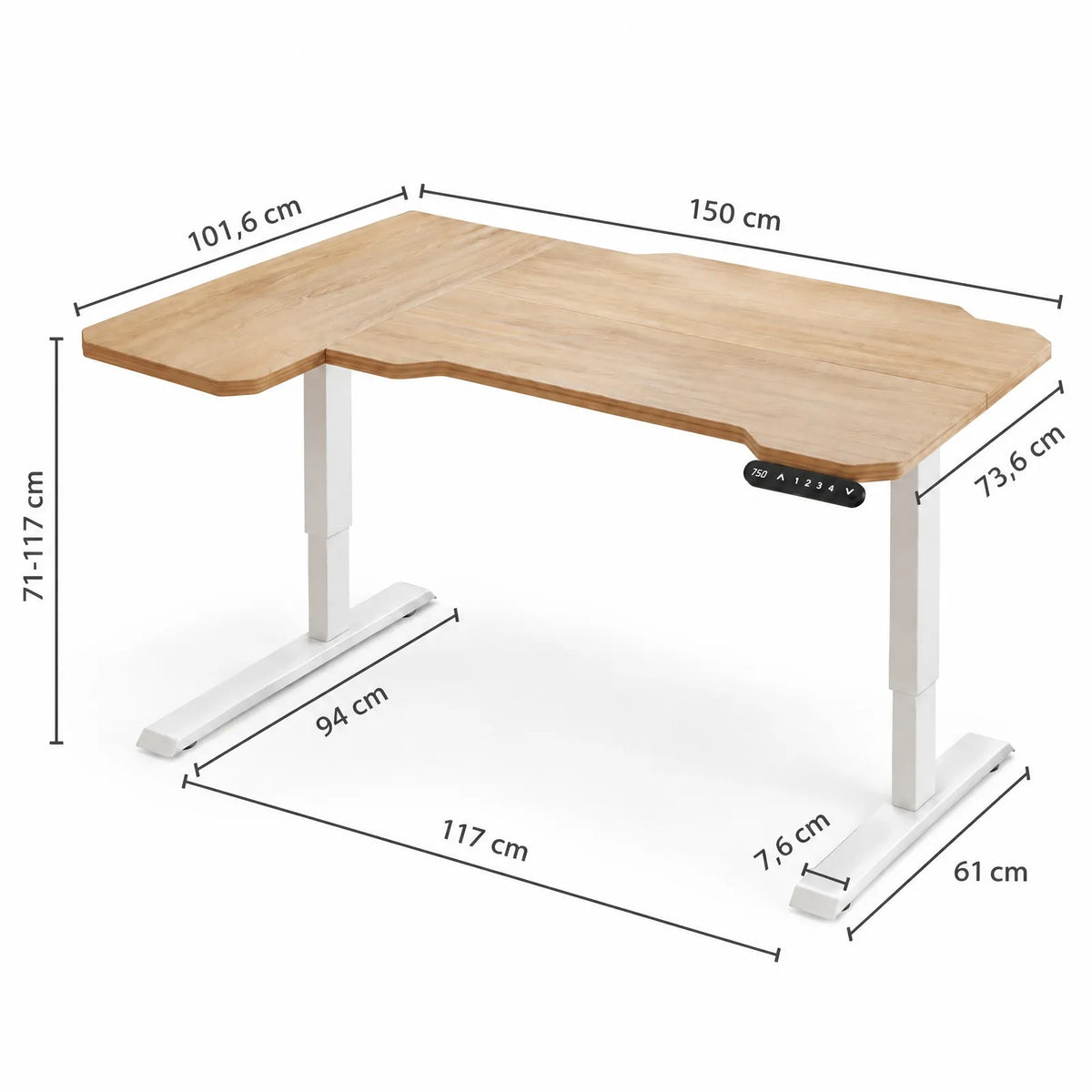 Bureau d'angle en L électrique 150 cm à 4 mémoires, plateau chêne clair