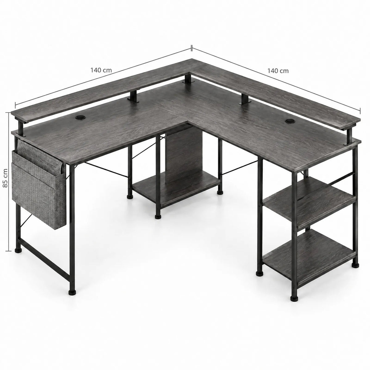 Bureau d'angle en L gris avec LED RGB, prises et ports USB