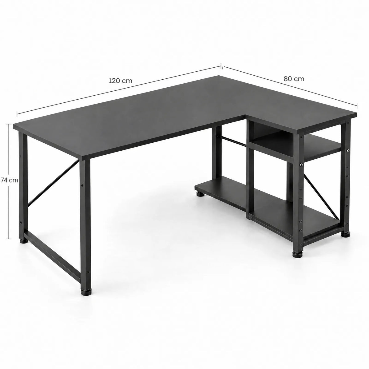 Bureau d'angle en L métal avec étagères réversibles 120 x 80 cm