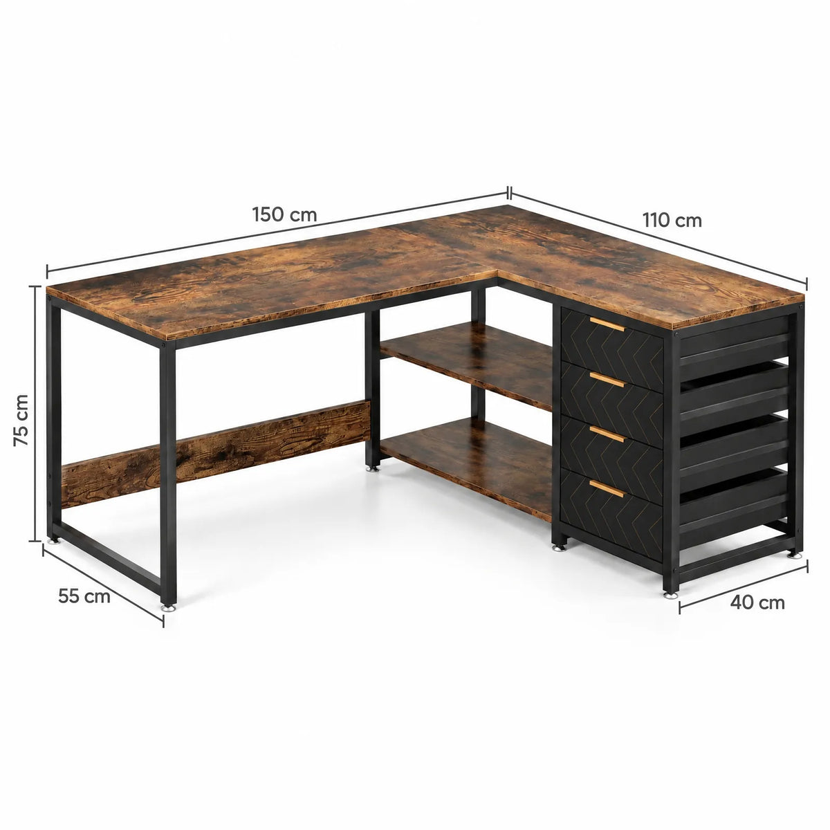 Bureau d'angle en L réversible 150 x 110 cm avec 4 tiroirs et 2 étagères ouvertes