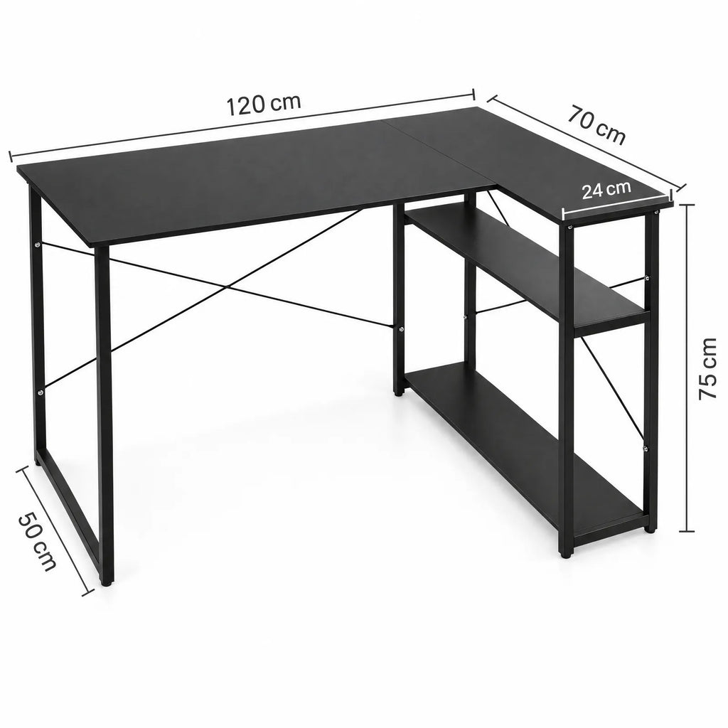 Bureau d'angle en L réversible avec 2 étagères, cadre acier noir – 120 x 70 cm