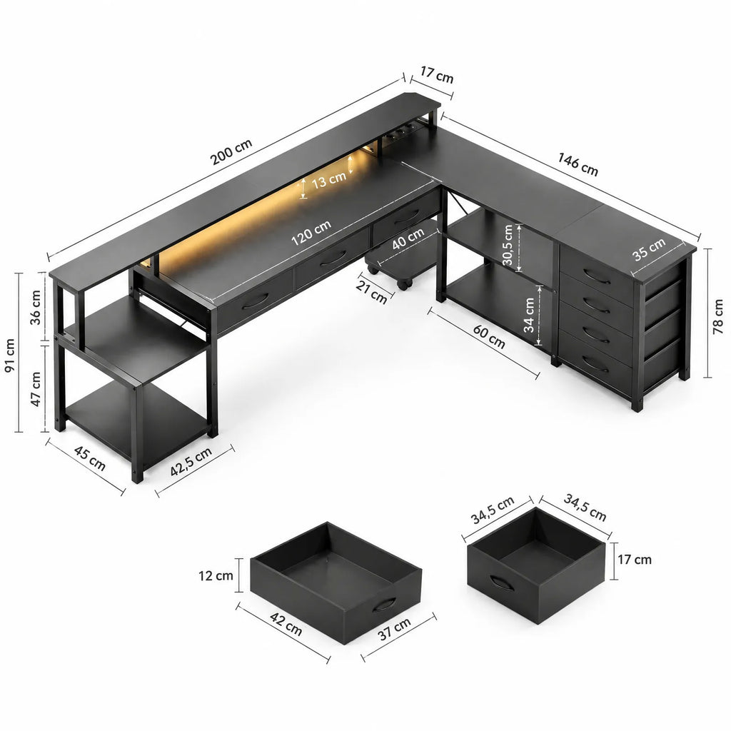 Bureau d'angle en L réversible avec 7 tiroirs, LED, prises et ports USB