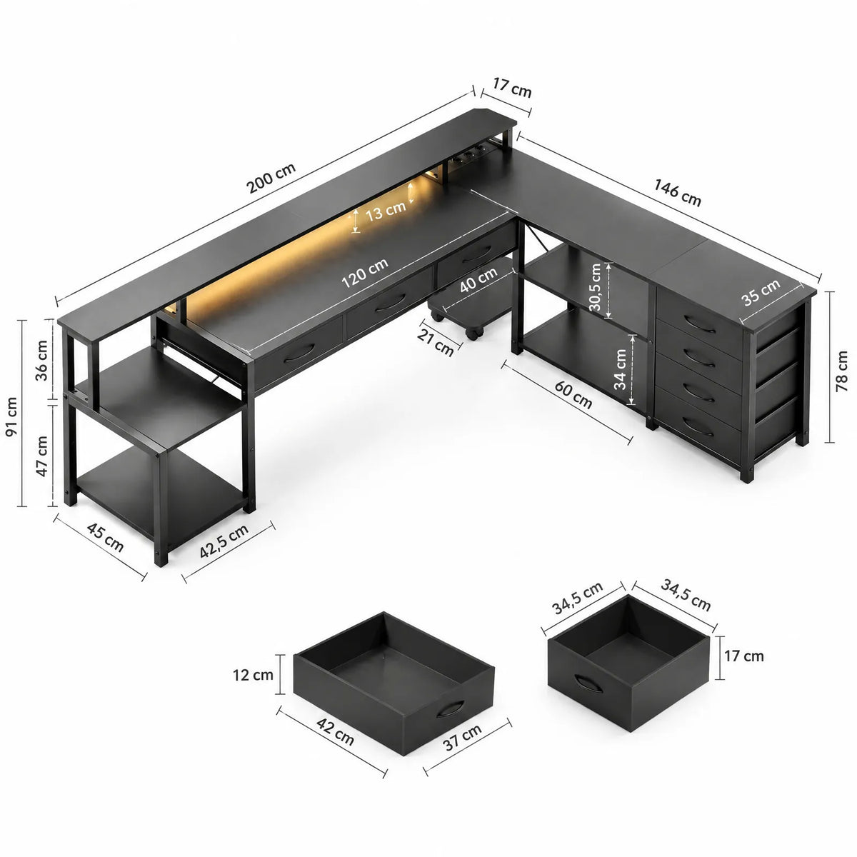 Bureau d'angle en L réversible avec 7 tiroirs, LED, prises et ports USB