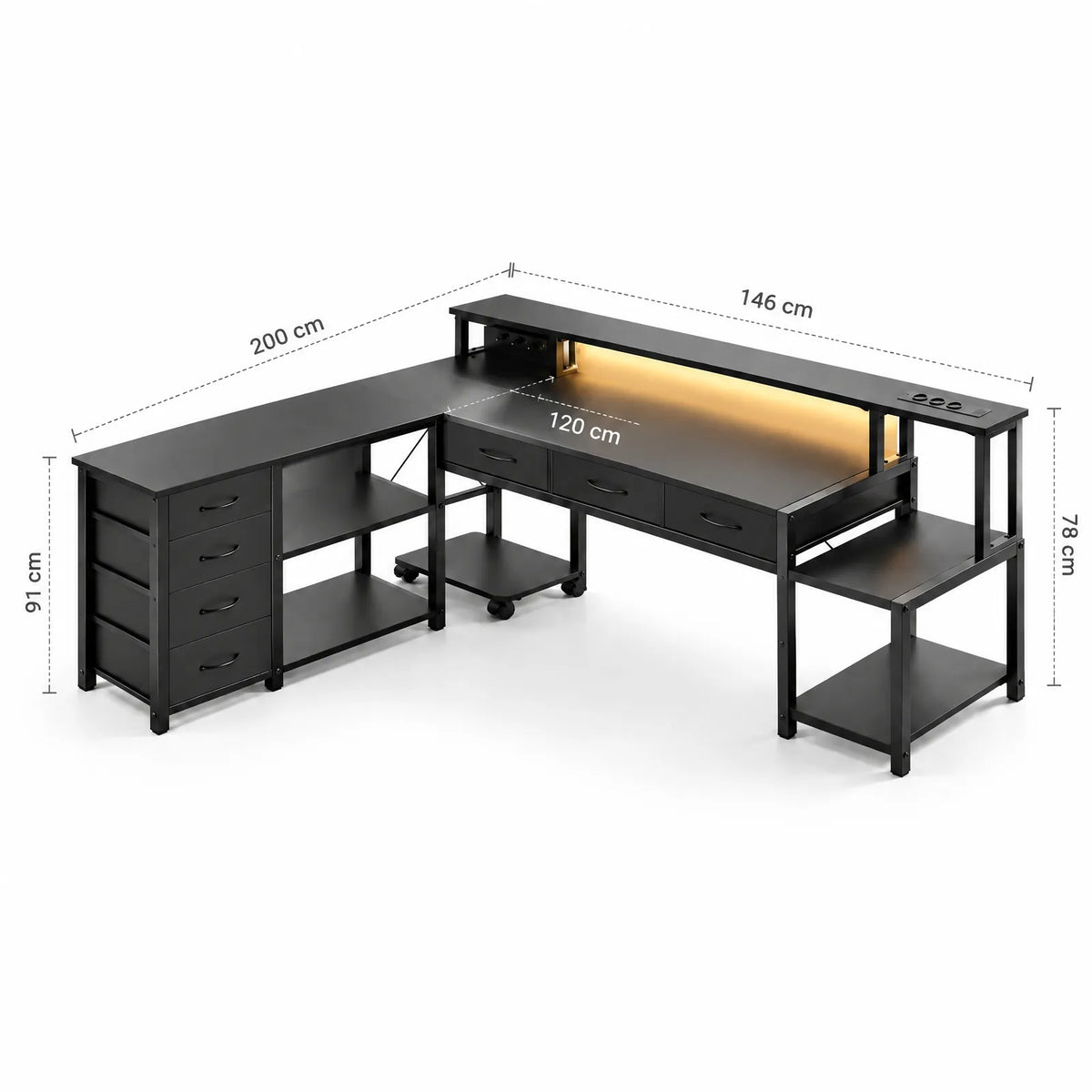 Bureau d'angle en L réversible avec LED, prises, ports USB et tiroirs