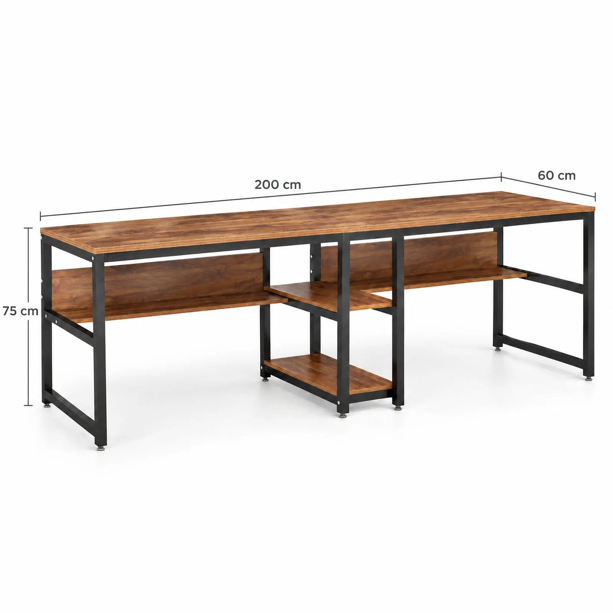 Bureau double 200 x 60 cm avec étagères, bois rustique et acier noir