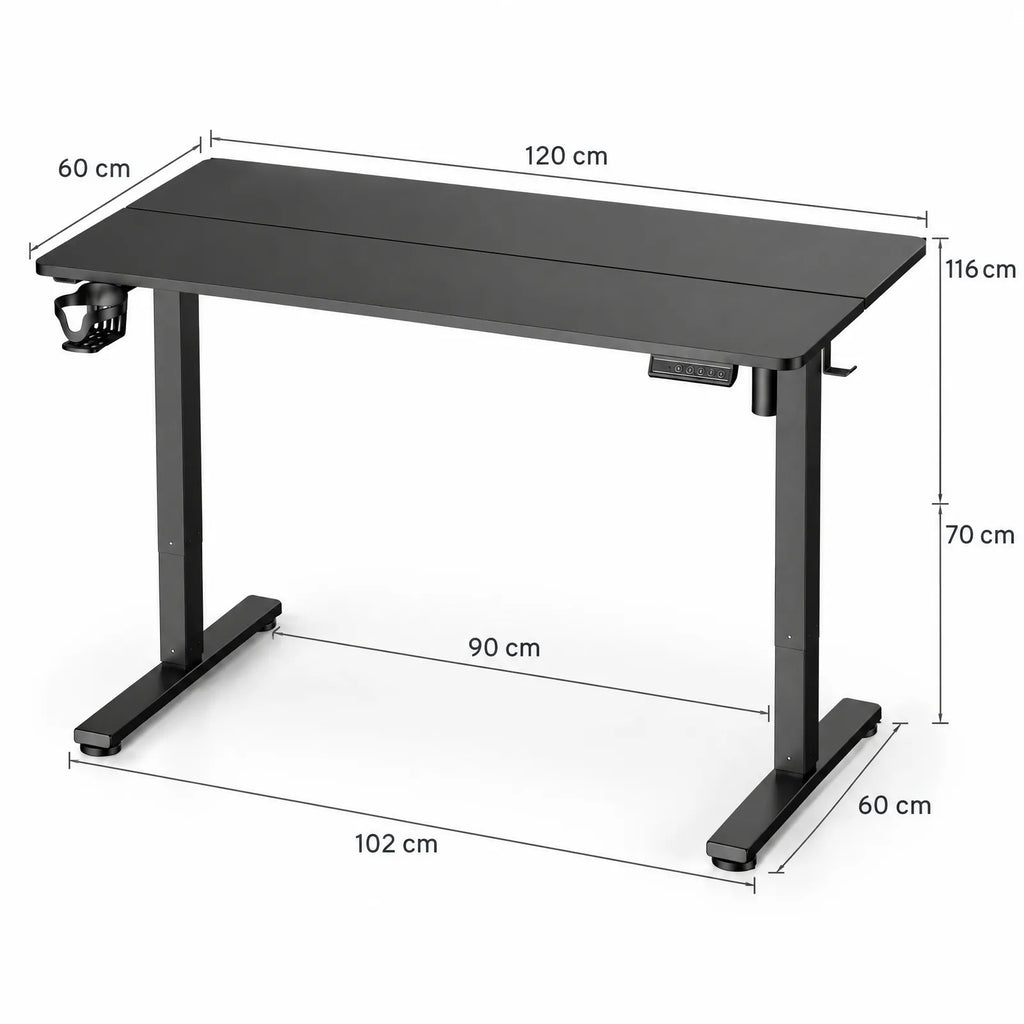 Bureau électrique réglable en hauteur noir 120 x 60 cm avec porte-gobelet