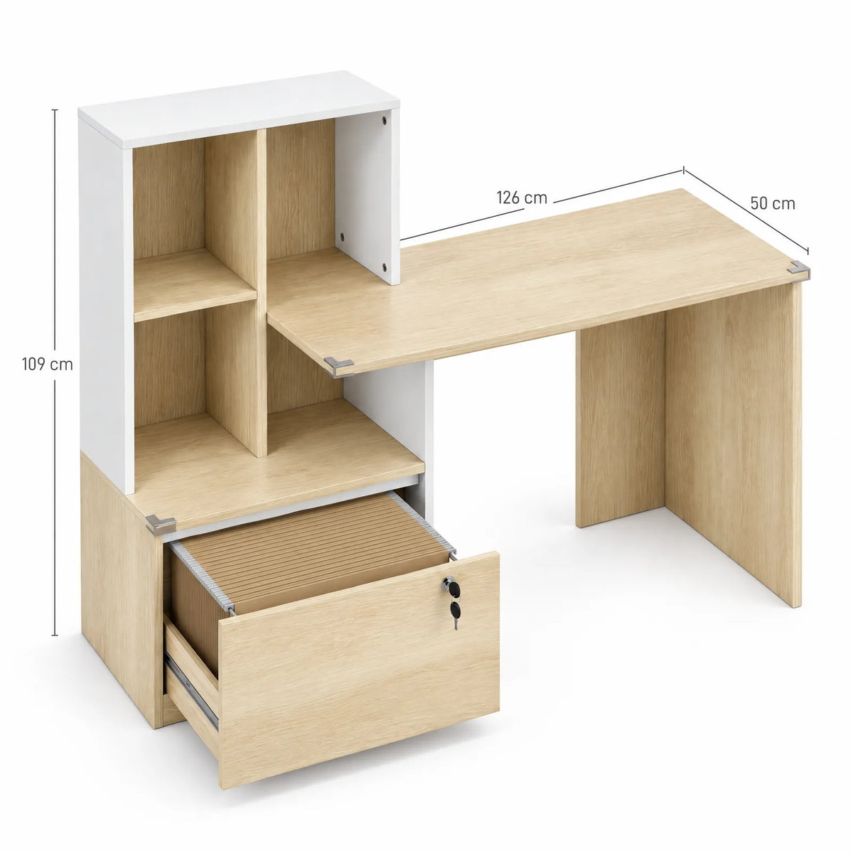 Bureau informatique avec bibliothèque 4 compartiments et tiroir verrouillable chêne et blanc