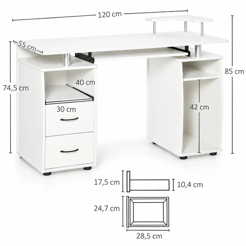 Bureau informatique blanc avec tablette clavier coulissante et 2 tiroirs 120 x 55 cm